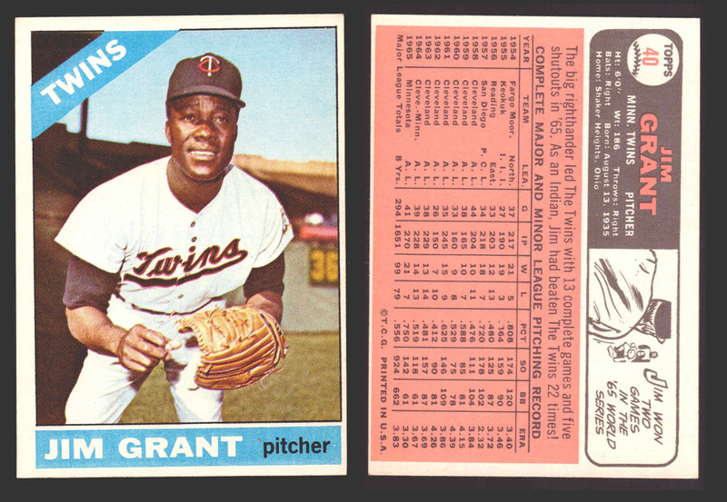 1966 Topps Baseball Trading Card You Pick Singles #1-#99 VG/EX #	40 Mudcat Grant - Minnesota Twins  - TvMovieCards.com