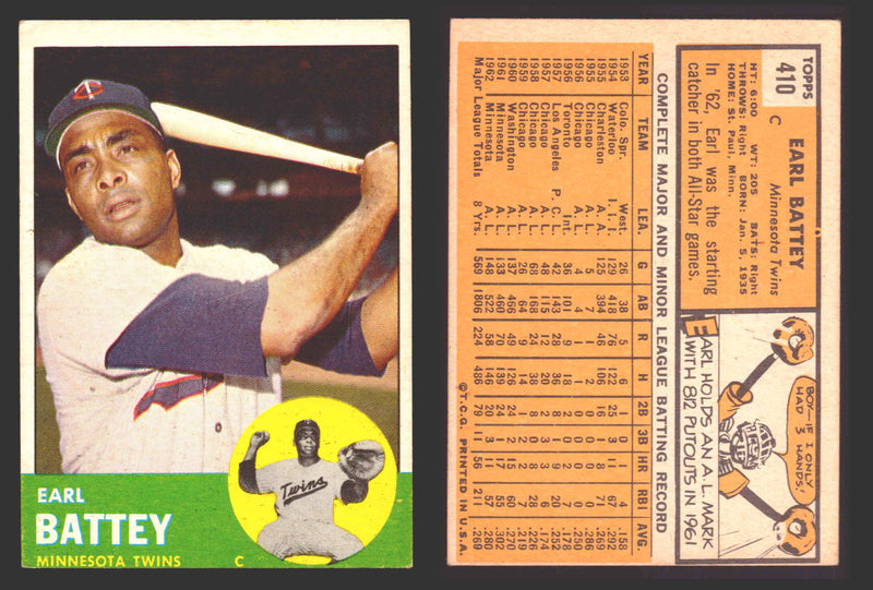 1963 Topps Baseball Trading Card You Pick Singles #400-#499 VG/EX #	410 Earl Battey - Minnesota Twins  - TvMovieCards.com