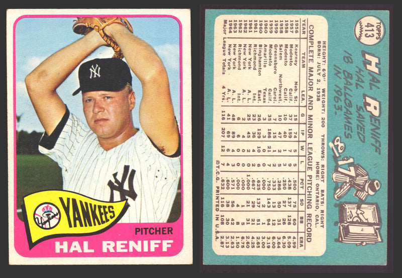 1965 Topps Baseball Trading Card You Pick Singles #400-#499 VG/EX #	413 Hal Reniff - New York Yankees  - TvMovieCards.com