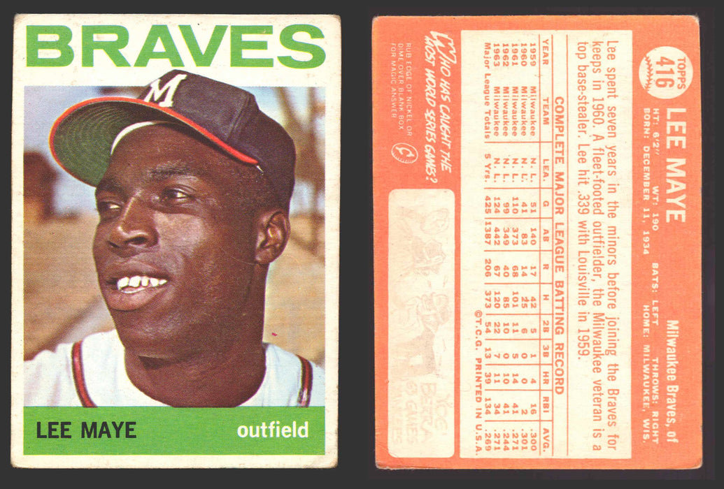 1964 Topps Baseball Trading Card You Pick Singles #300-#587 G/VG/EX #	416 Lee Maye - Milwaukee Braves  - TvMovieCards.com