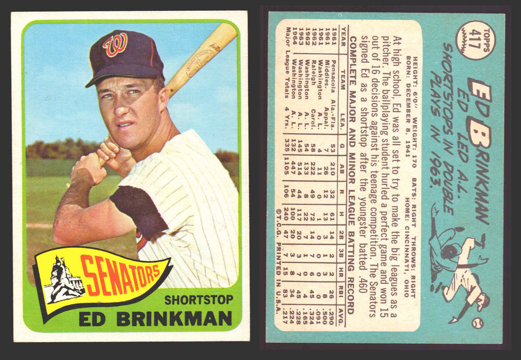 1965 Topps Baseball Trading Card You Pick Singles #400-#499 VG/EX #	417 Ed Brinkman - Washington Senators  - TvMovieCards.com
