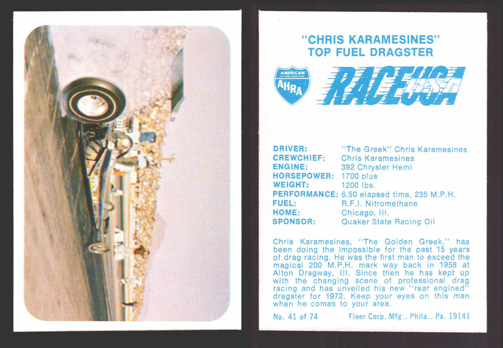 Race USA AHRA Drag Champs 1973 Fleer Vintage Trading Cards You Pick Singles 41 of 74   "Chris Karamesines"  - TvMovieCards.com