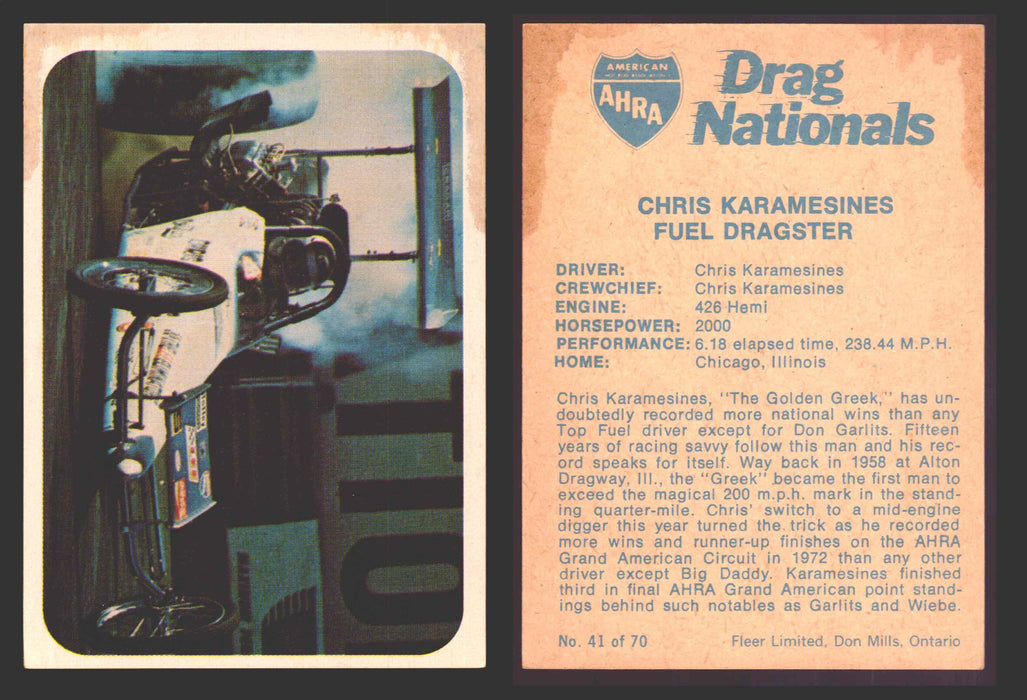 AHRA Drag Nationals 1971 Fleer Canada Trading Cards You Pick Singles #1-70 41 of 70   Chris Karamesines               Fuel Dragster  - TvMovieCards.com