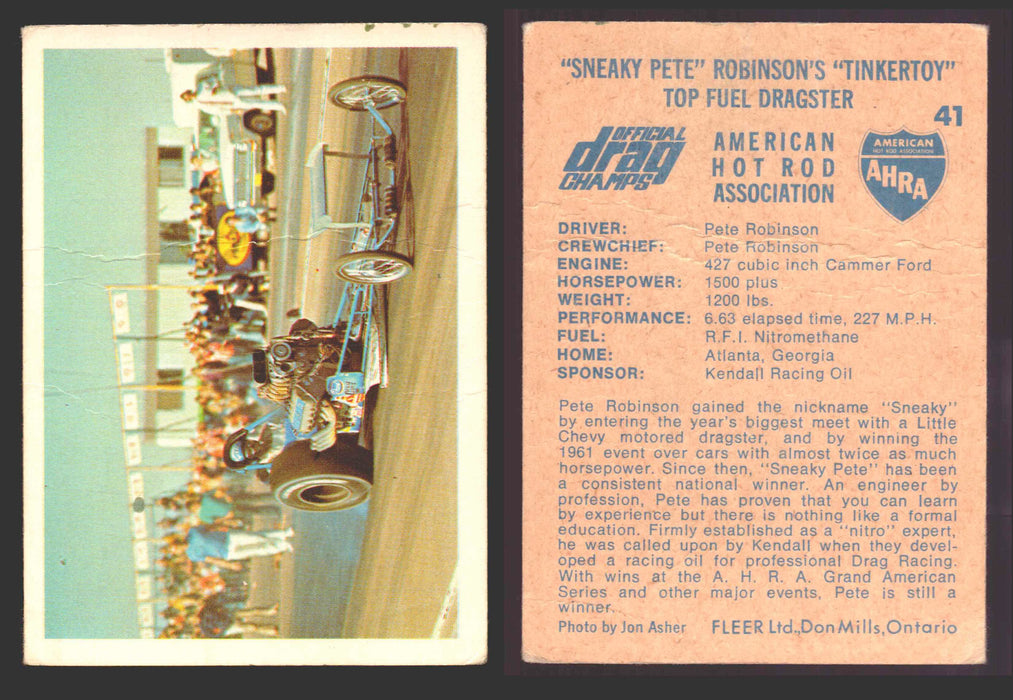 AHRA Official Drag Champs 1971 Fleer Canada Trading Cards You Pick Singles #1-63 41   "Sneaky Pete" Robinson's "Tinkertoy"             Top Fuel Dragster (creased)  - TvMovieCards.com