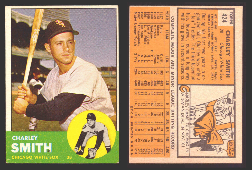 1963 Topps Baseball Trading Card You Pick Singles #400-#499 VG/EX #	424 Charley Smith - Chicago White Sox  - TvMovieCards.com
