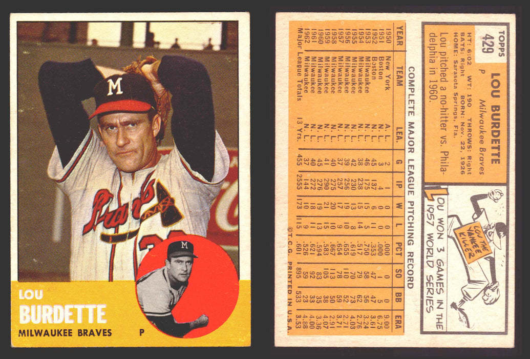 1963 Topps Baseball Trading Card You Pick Singles #400-#499 VG/EX #	429 Lew Burdette - Milwaukee Braves  - TvMovieCards.com