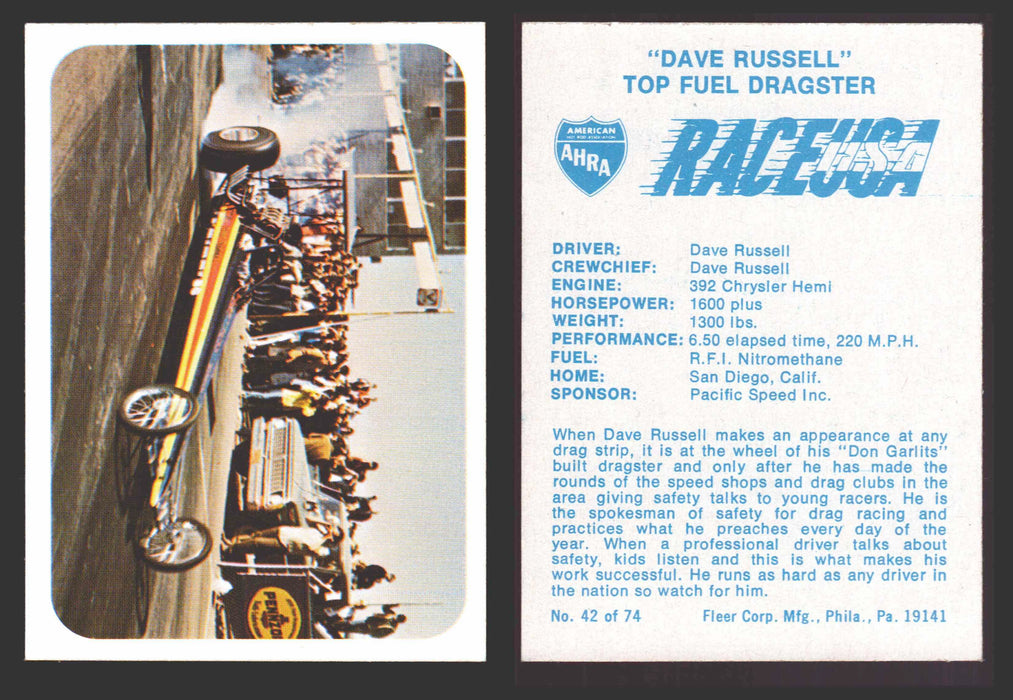 Race USA AHRA Drag Champs 1973 Fleer Vintage Trading Cards You Pick Singles 42 of 74   "Dave Russell"  - TvMovieCards.com