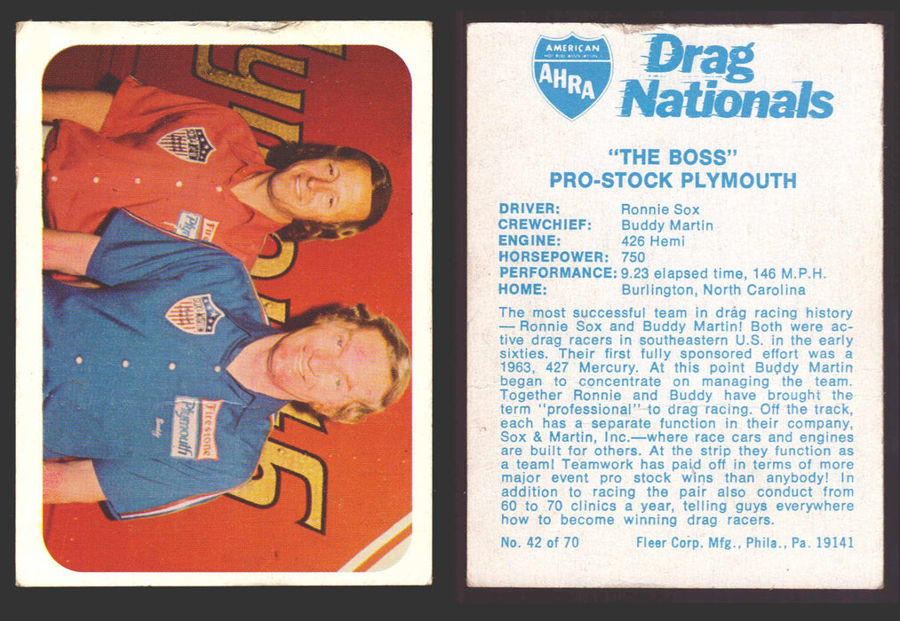 AHRA Drag Nationals 1971 Fleer USA White Trading Cards You Pick Singles #1-70 42 of 70   "The Boss"                      Pro-Stock Plymouth  - TvMovieCards.com