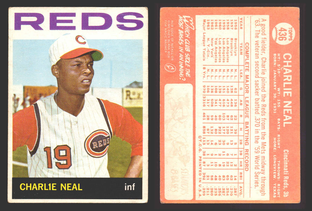 1964 Topps Baseball Trading Card You Pick Singles #300-#587 G/VG/EX #	436 Charlie Neal - Cincinnati Reds  - TvMovieCards.com