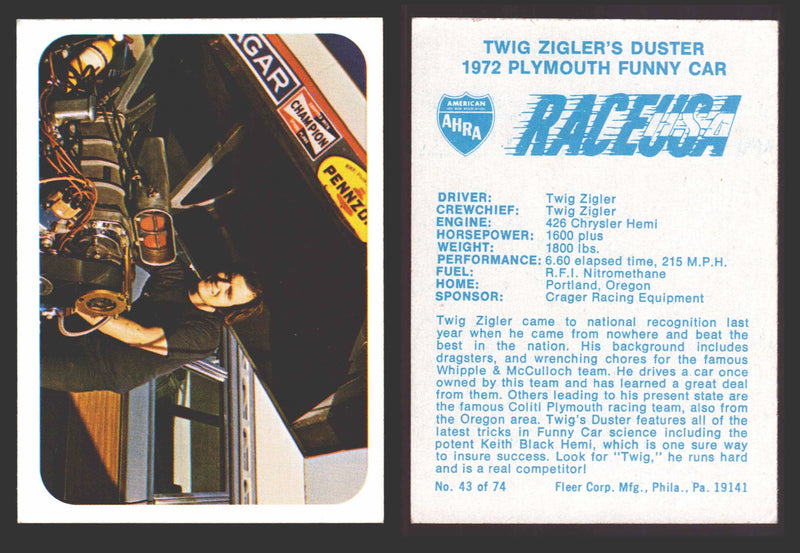 Race USA AHRA Drag Champs 1973 Fleer Vintage Trading Cards You Pick Singles 43 of 74   Twig Zigler's Duster  - TvMovieCards.com