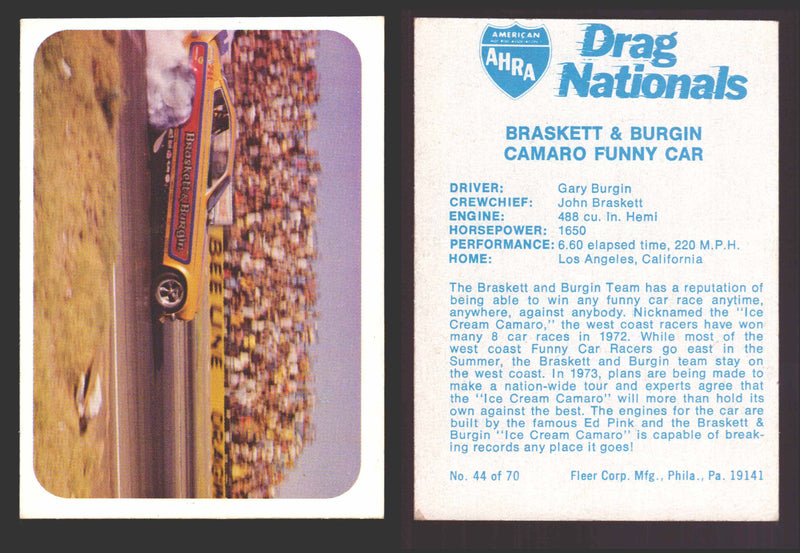 AHRA Drag Nationals 1971 Fleer USA White Trading Cards You Pick Singles #1-70 44 of 70   Braskett & Burgin               Camaro Funny Car  - TvMovieCards.com