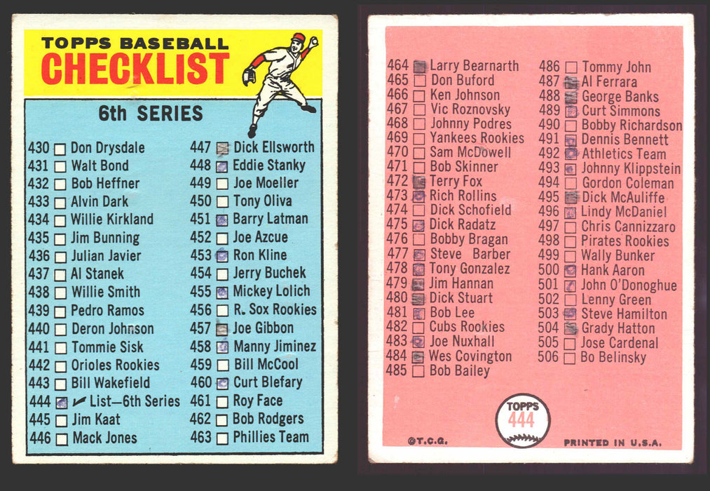 1966 Topps Baseball Trading Card You Pick Singles #400-#598VG/EX #	444 Checklist 430-506 (marked)  - TvMovieCards.com