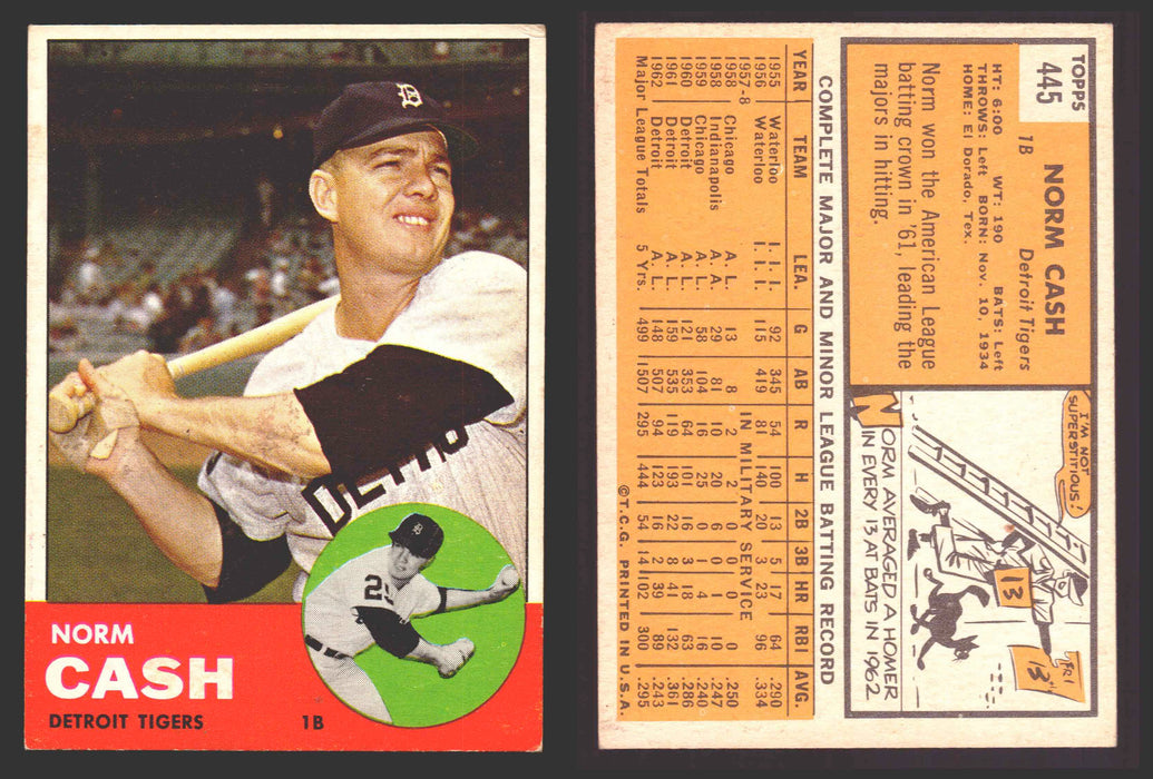 1963 Topps Baseball Trading Card You Pick Singles #400-#499 VG/EX #	445 Norm Cash - Detroit Tigers  - TvMovieCards.com