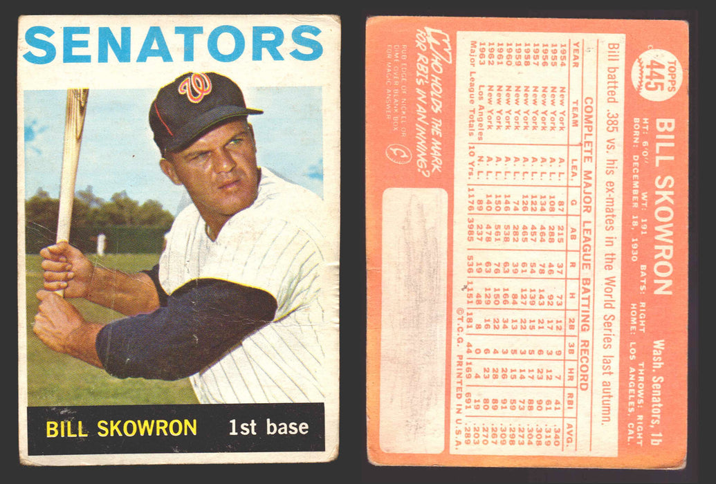 1964 Topps Baseball Trading Card You Pick Singles #300-#587 G/VG/EX #	445 Bill Skowron - Washington Senators (creased)  - TvMovieCards.com