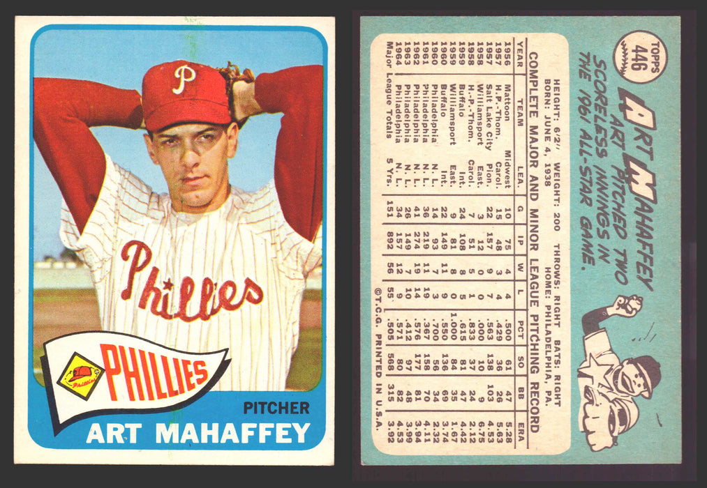 1965 Topps Baseball Trading Card You Pick Singles #400-#499 VG/EX #	446 Art Mahaffey - Philadelphia Phillies  - TvMovieCards.com