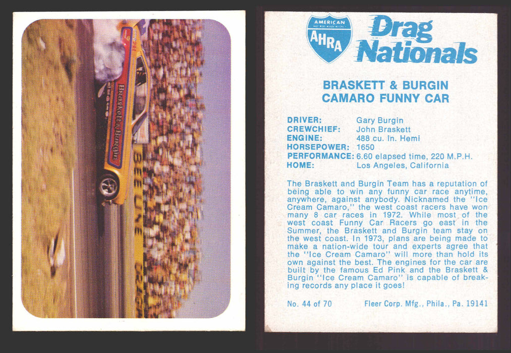 AHRA Drag Nationals 1971 Fleer USA White Trading Cards You Pick Singles #1-70 44 of 70   Braskett & Burgin               Camaro Funny Car  - TvMovieCards.com