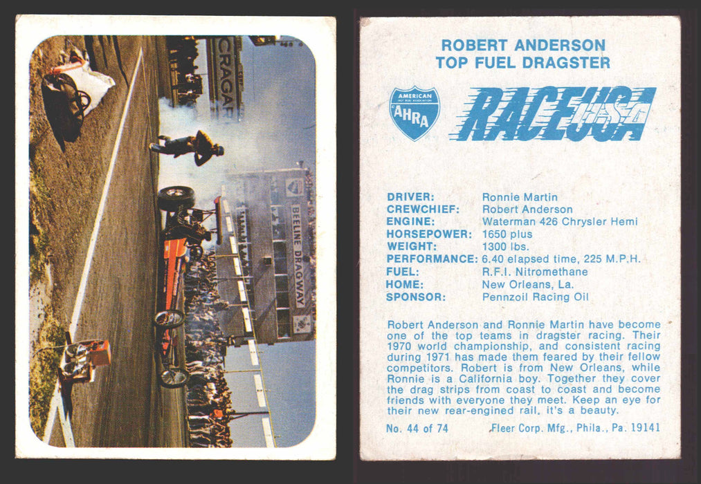Race USA AHRA Drag Champs 1973 Fleer Vintage Trading Cards You Pick Singles 44 of 74   Robert Anderson  - TvMovieCards.com