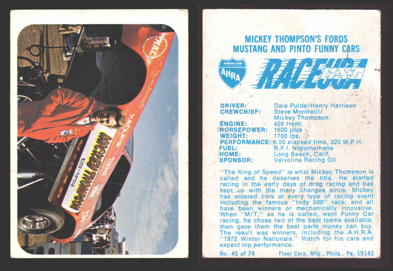 Race USA AHRA Drag Champs 1973 Fleer Vintage Trading Cards You Pick Singles 45 of 74   Mickey Thompson's Fords  - TvMovieCards.com