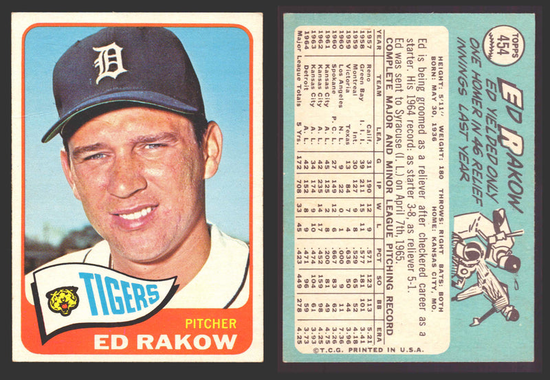 1965 Topps Baseball Trading Card You Pick Singles #400-#499 VG/EX #	454 Ed Rakow - Detroit Tigers  - TvMovieCards.com