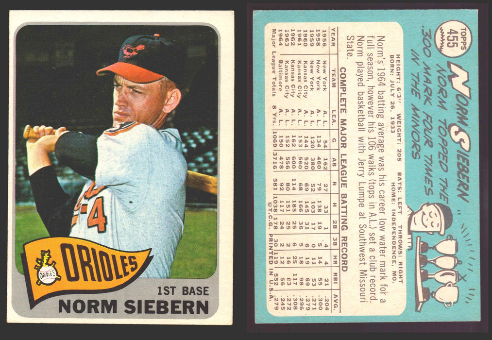 1965 Topps Baseball Trading Card You Pick Singles #400-#499 VG/EX #	455 Norm Siebern - Baltimore Orioles  - TvMovieCards.com