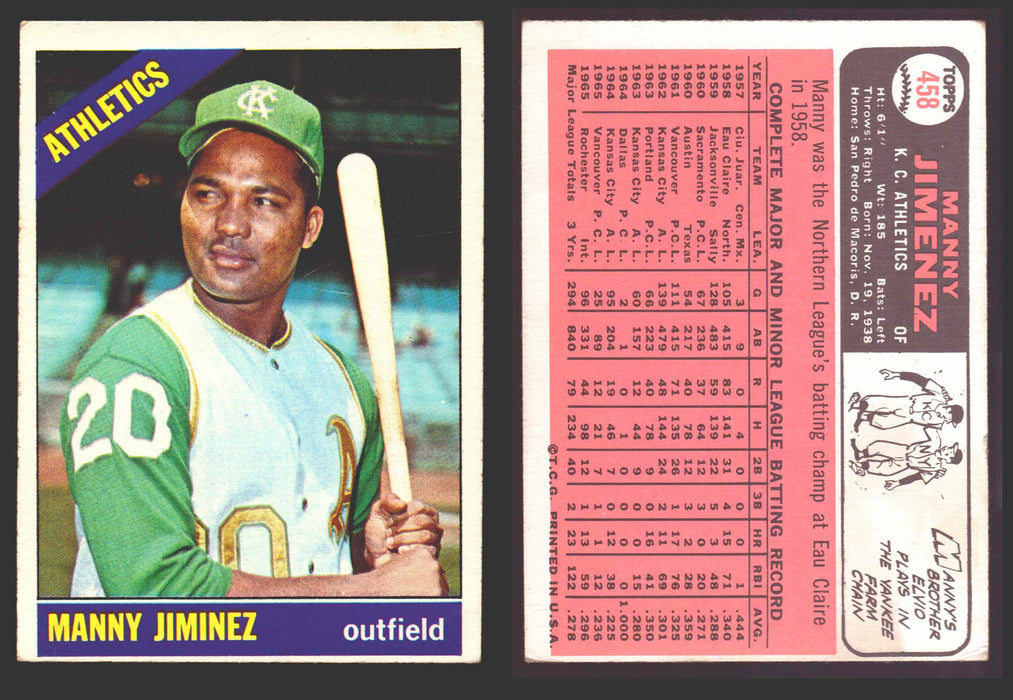 1966 Topps Baseball Trading Card You Pick Singles #400-#598VG/EX #	458 Manny Jimenez - Kansas City Athletics  - TvMovieCards.com