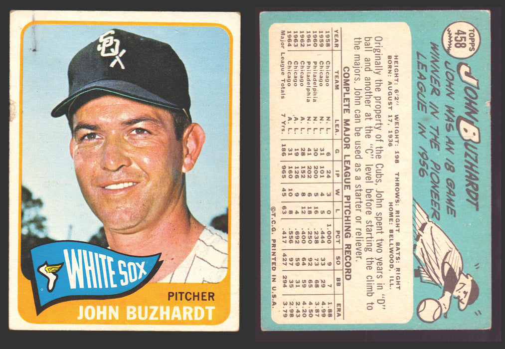 1965 Topps Baseball Trading Card You Pick Singles #400-#499 VG/EX #	458 John Buzhardt - Chicago White Sox  - TvMovieCards.com
