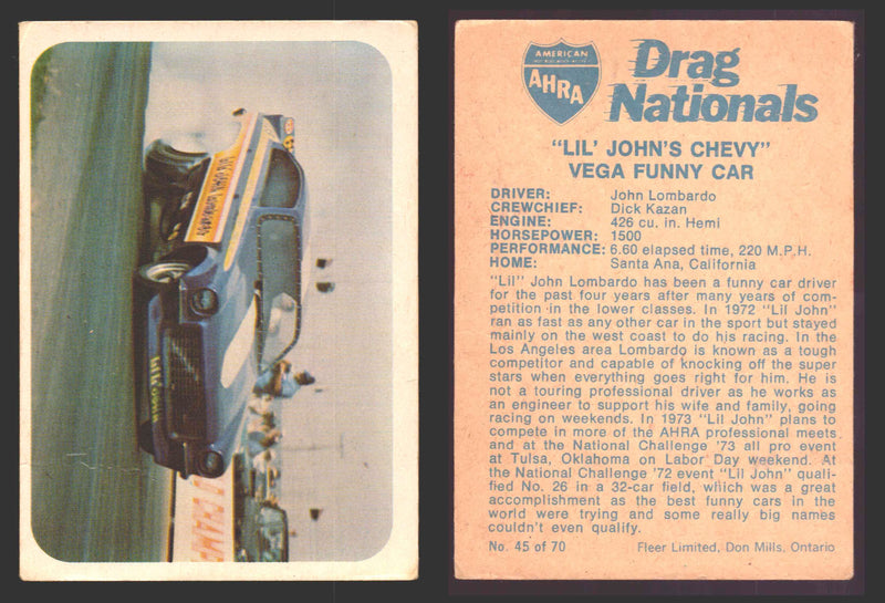 AHRA Drag Nationals 1971 Fleer Canada Trading Cards You Pick Singles #1-70 45 of 70   "Lil' John's Chevy"             Vega Funny Car  - TvMovieCards.com