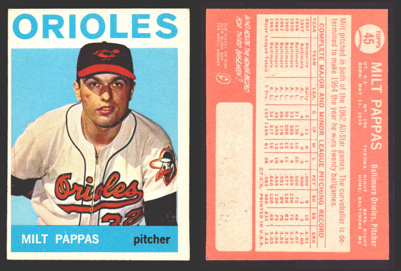 1964 Topps Baseball Trading Card You Pick Singles #1-#99 VG/EX #	45 Milt Pappas - Baltimore Orioles  - TvMovieCards.com