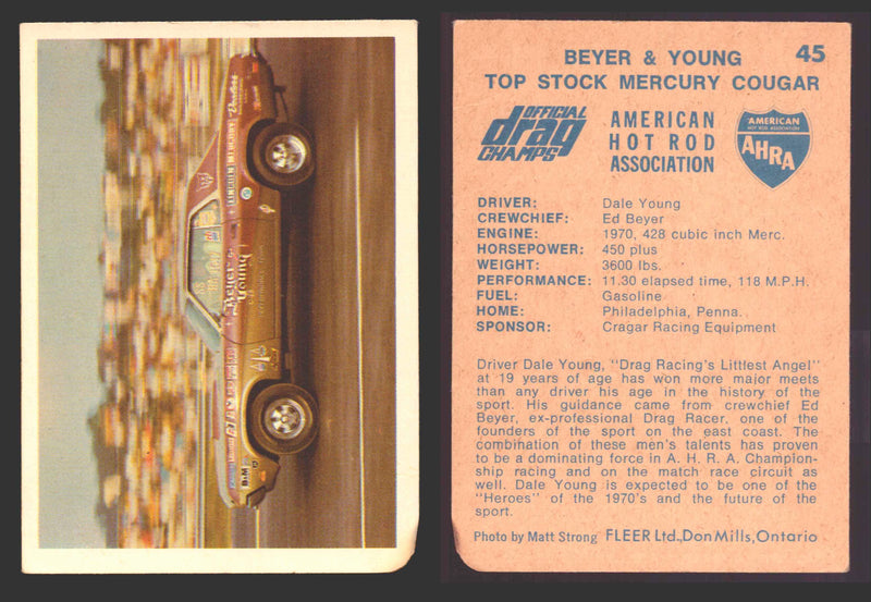 AHRA Official Drag Champs 1971 Fleer Canada Trading Cards You Pick Singles #1-63 45   Beyer & Young                                    Top Stock Mercury Cougar  - TvMovieCards.com