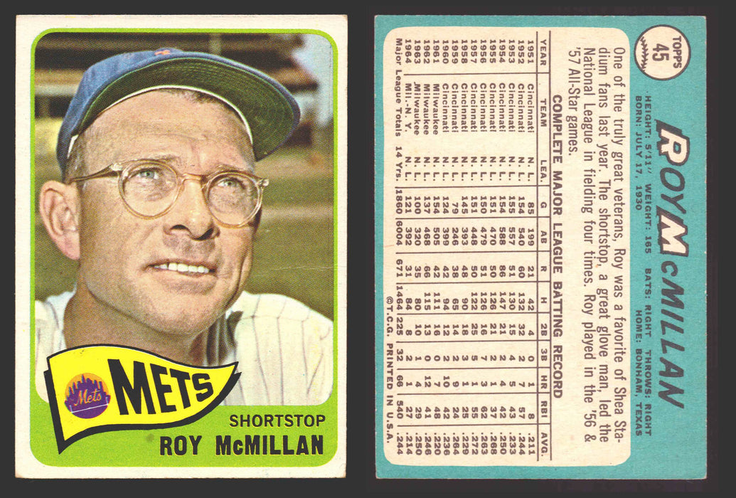 1965 Topps Baseball Trading Card You Pick Singles #1-#99 VG/EX #	45 Roy McMillan - New York Mets  - TvMovieCards.com