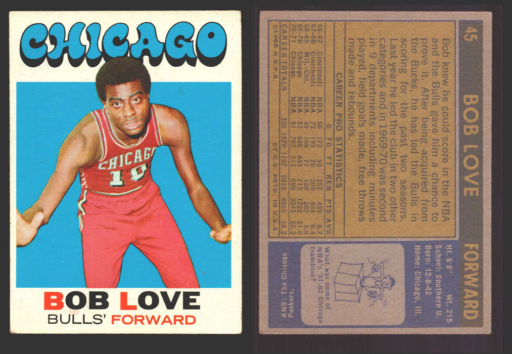 1970-71 Topps Basketball Trading Card You Pick Singles #1-#151 VG/EX #	45 Bob Love - Chicago Bulls DP  - TvMovieCards.com