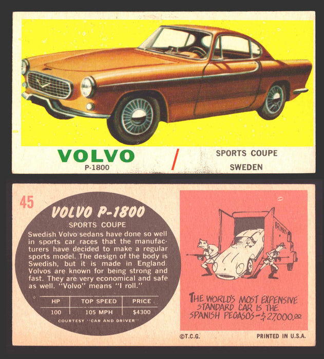 1961 Topps Sports Cars (White Back) Vintage Trading Cards #1-#66 You Pick Singles #45 Volvo P-1800  - TvMovieCards.com