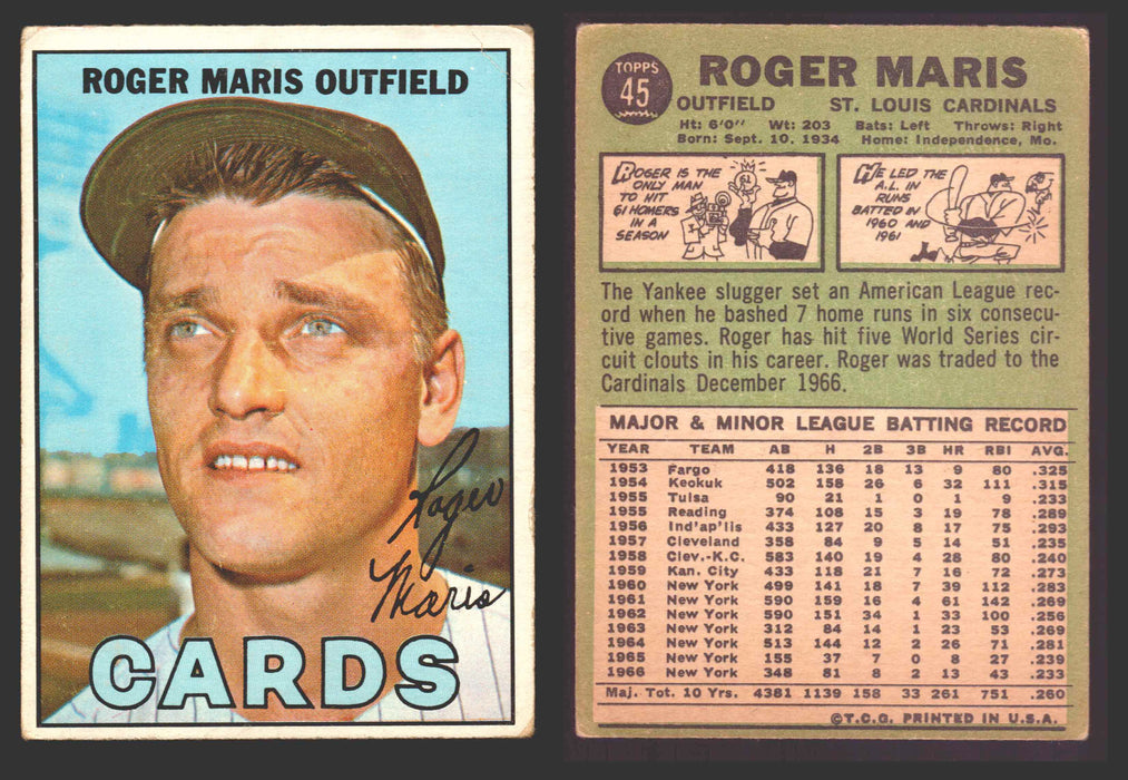 1967 Topps Baseball Trading Card You Pick Singles #1-#99 VG/EX #	45 Roger Maris - St. Louis Cardinals (creased)  - TvMovieCards.com