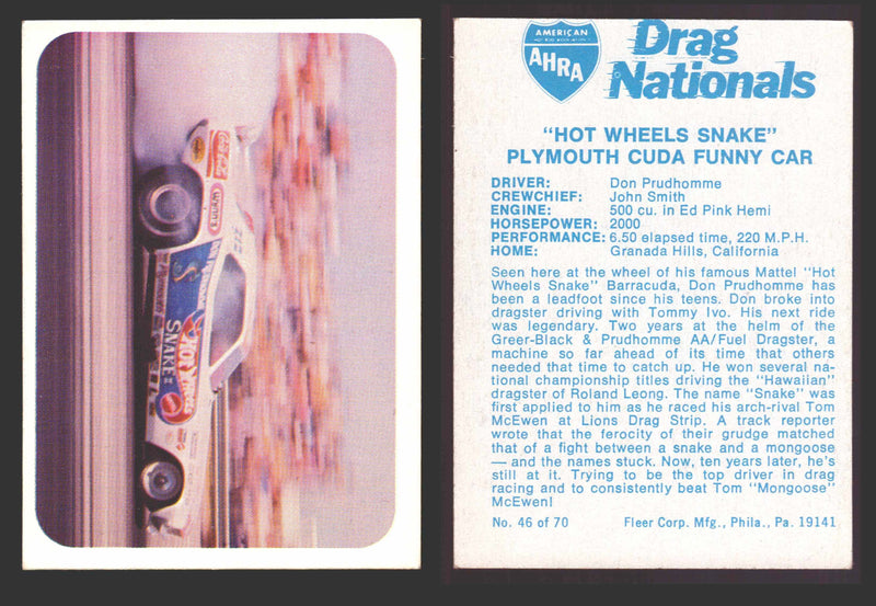 AHRA Drag Nationals 1971 Fleer USA White Trading Cards You Pick Singles #1-70 46 of 70   "Hot Wheels Snake"              Plymouth Cuda Funny Car  - TvMovieCards.com