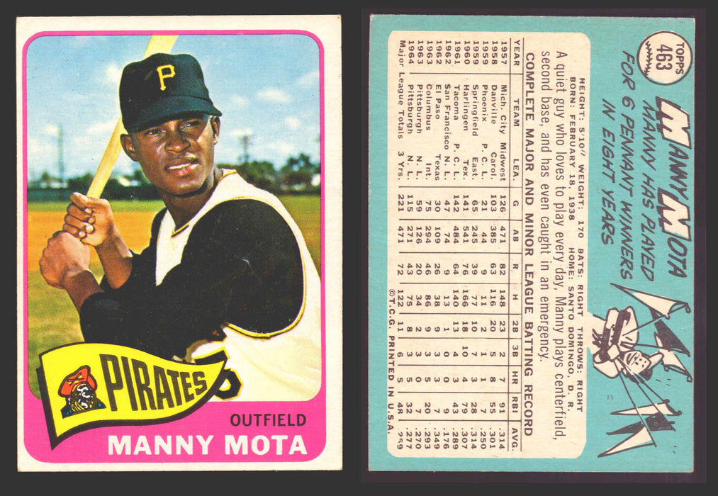 1965 Topps Baseball Trading Card You Pick Singles #400-#499 VG/EX #	463 Manny Mota - Pittsburgh Pirates  - TvMovieCards.com