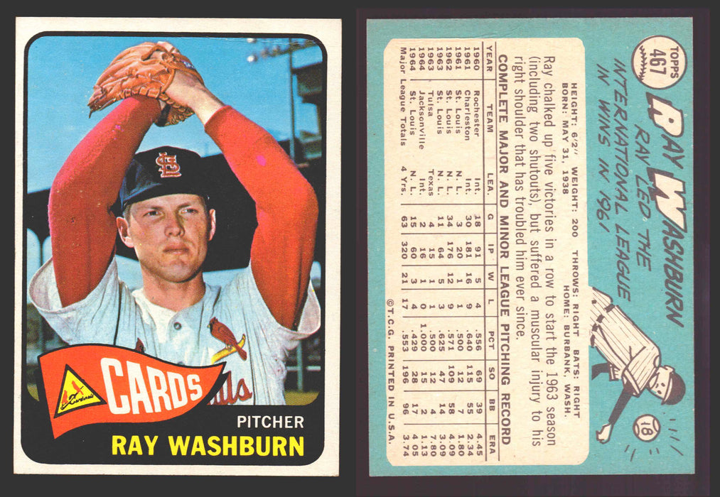 1965 Topps Baseball Trading Card You Pick Singles #400-#499 VG/EX #	467 Ray Washburn - St. Louis Cardinals (creased)  - TvMovieCards.com