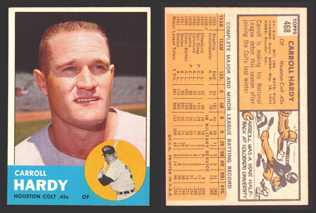 1963 Topps Baseball Trading Card You Pick Singles #400-#499 VG/EX #	468 Carroll Hardy - Houston Colt .45's  - TvMovieCards.com