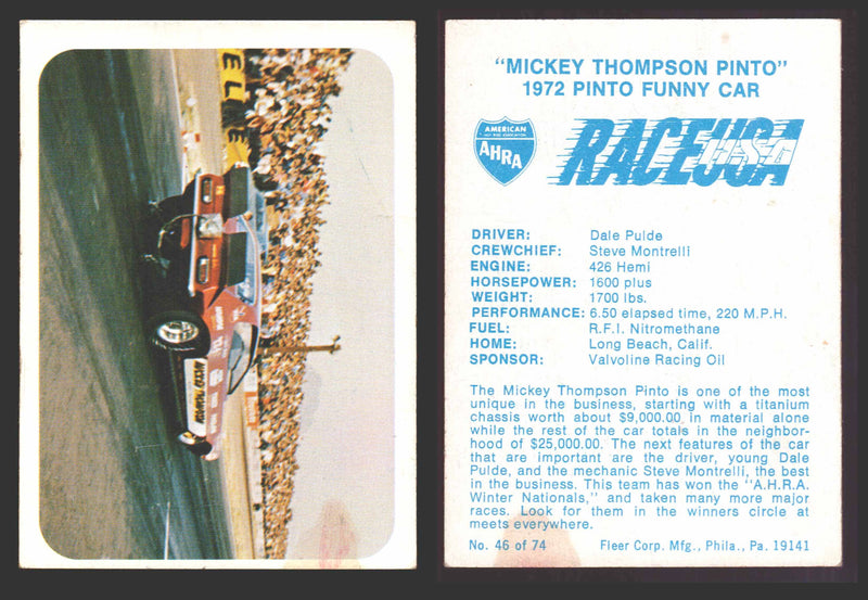 Race USA AHRA Drag Champs 1973 Fleer Vintage Trading Cards You Pick Singles 46 of 74   "Mickey Thompson's Pinto"  - TvMovieCards.com