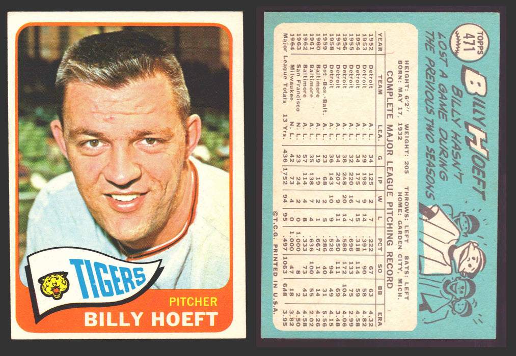 1965 Topps Baseball Trading Card You Pick Singles #400-#499 VG/EX #	471 Billy Hoeft - Detroit Tigers  - TvMovieCards.com