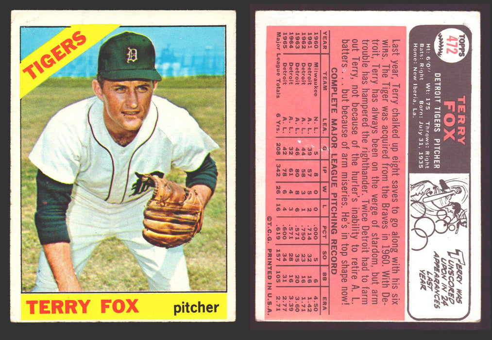 1966 Topps Baseball Trading Card You Pick Singles #400-#598VG/EX #	472 Terry Fox - Detroit Tigers  - TvMovieCards.com