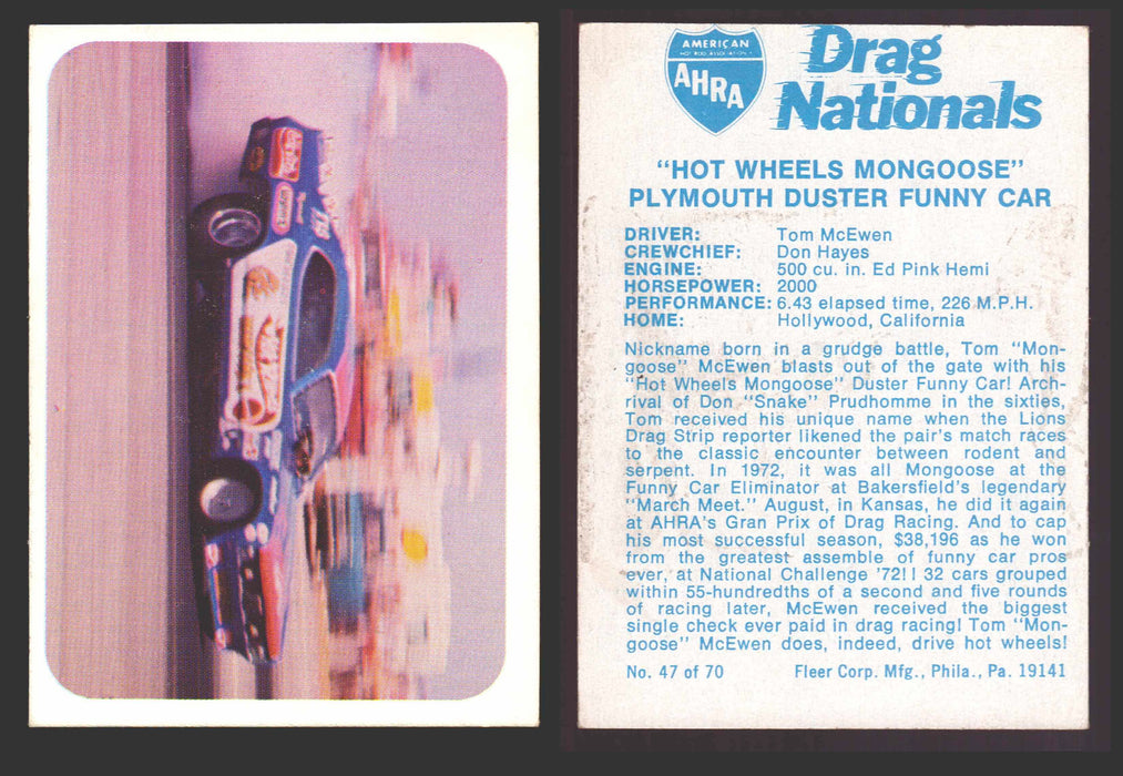 AHRA Drag Nationals 1971 Fleer USA White Trading Cards You Pick Singles #1-70 47 of 70   "Hot Wheels Mongoose"           Plymouth Duster Funny Car  - TvMovieCards.com