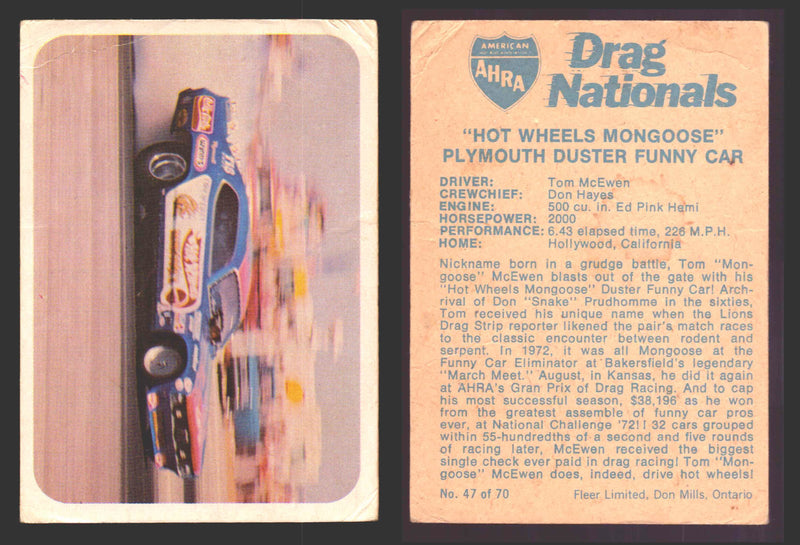 AHRA Drag Nationals 1971 Fleer Canada Trading Cards You Pick Singles #1-70 47 of 70   "Hot Wheels Mongoose"           Plymouth Duster Funny Car  - TvMovieCards.com