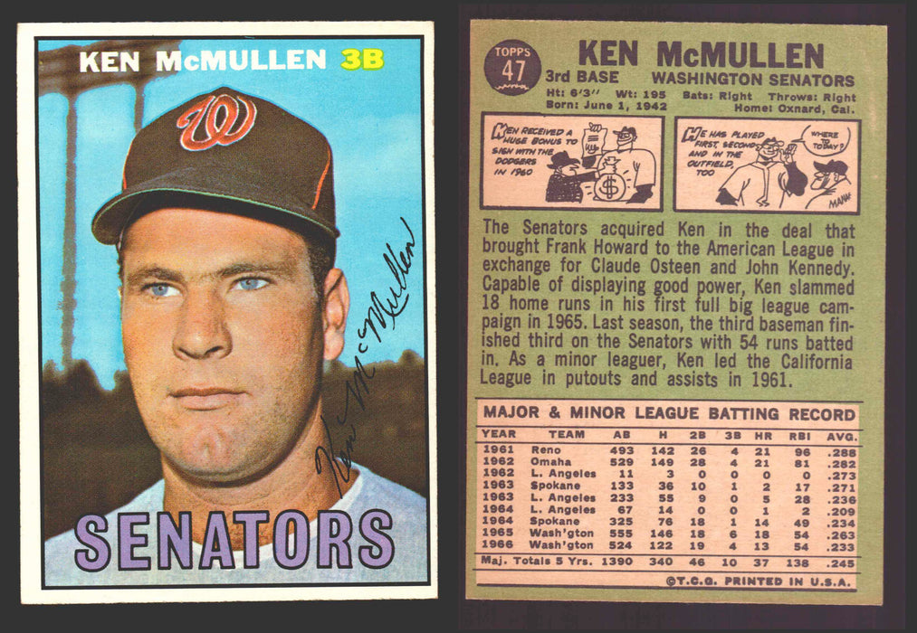 1967 Topps Baseball Trading Card You Pick Singles #1-#99 VG/EX #	47 Ken McMullen - Washington Senators  - TvMovieCards.com