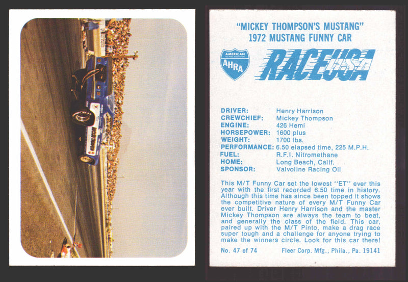 Race USA AHRA Drag Champs 1973 Fleer Vintage Trading Cards You Pick Singles 47 of 74   "Mickey Thompson's Mustang"  - TvMovieCards.com