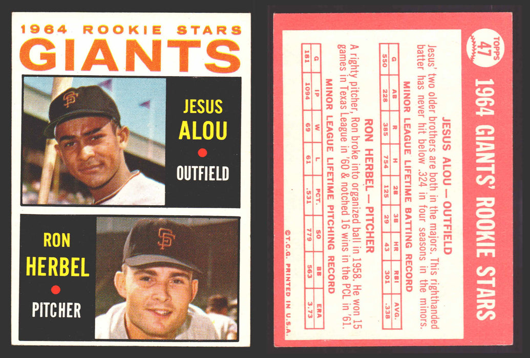 1964 Topps Baseball Trading Card You Pick Singles #1-#99 VG/EX #	47 Giants Rookies - Jesus Alou / Ron Herbel RC  - TvMovieCards.com