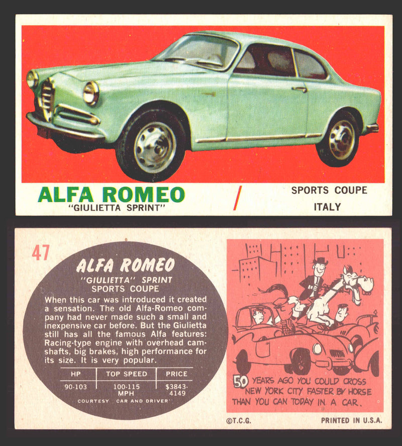 1961 Topps Sports Cars (White Back) Vintage Trading Cards #1-#66 You Pick Singles #47   Alfa Romeo "Giuletta Sprint"  - TvMovieCards.com