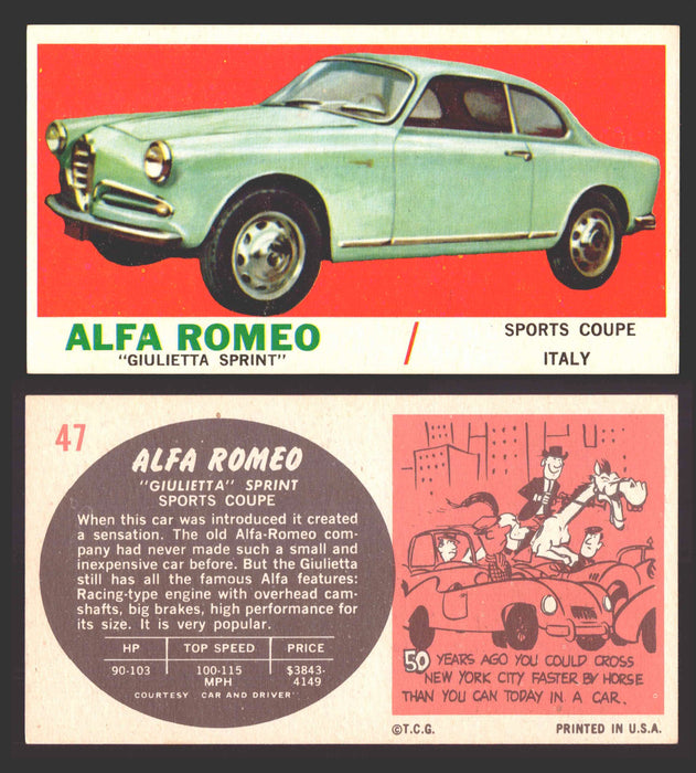 1961 Topps Sports Cars (White Back) Vintage Trading Cards #1-#66 You Pick Singles #47   Alfa Romeo "Giuletta Sprint"  - TvMovieCards.com