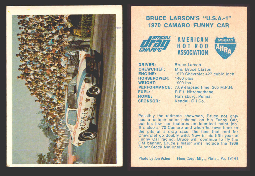 AHRA Official Drag Champs 1971 Fleer Vintage Trading Cards You Pick Singles #1-63 47   Bruce Larson's "U.S.A.-1"                        1970 Camaro Funny Car (creased)  - TvMovieCards.com