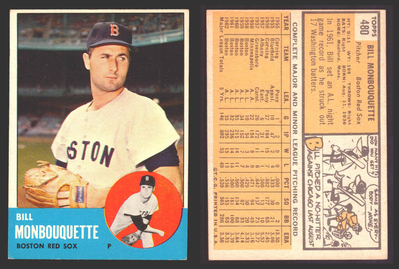 1963 Topps Baseball Trading Card You Pick Singles #400-#499 VG/EX #	480 Bill Monbouquette - Boston Red Sox  - TvMovieCards.com