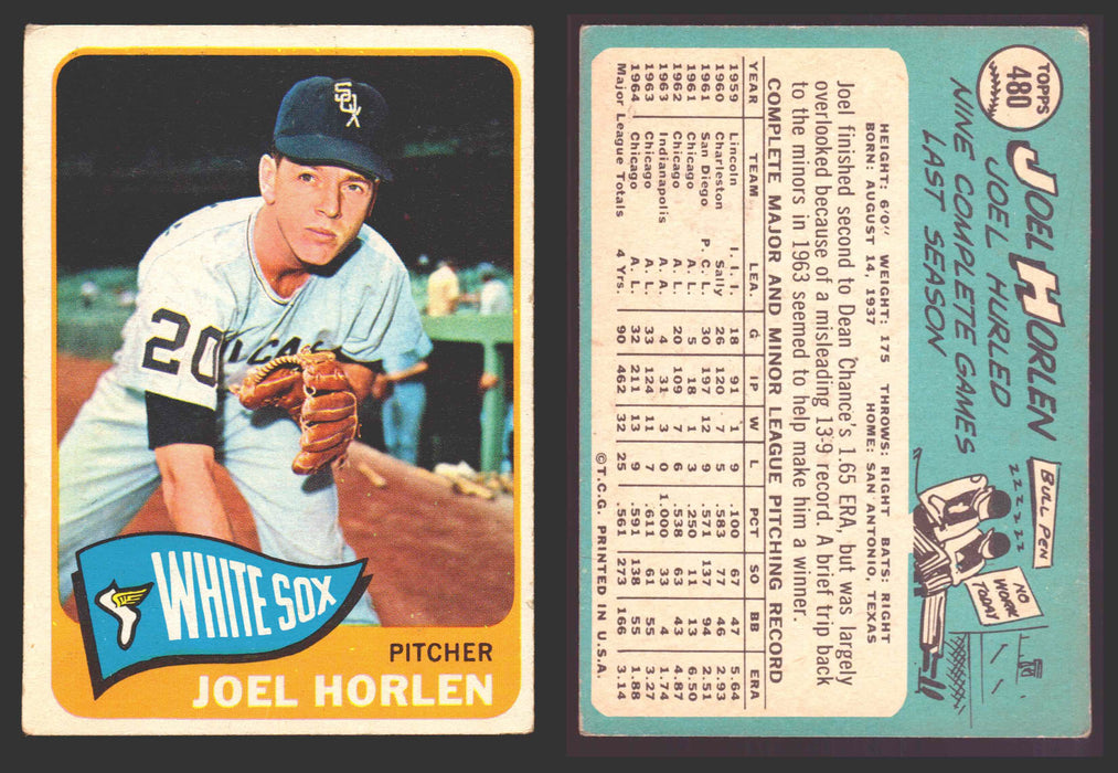 1965 Topps Baseball Trading Card You Pick Singles #400-#499 VG/EX #	480 Joe Horlen - Chicago White Sox  - TvMovieCards.com